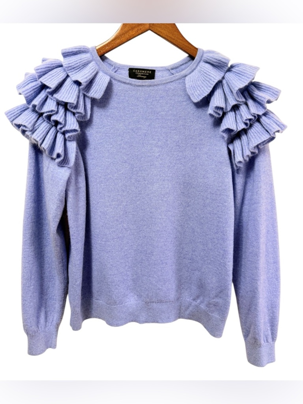 100% Cashmere Ruffle Shoulder Sweater Soft Luxury Blue Size L